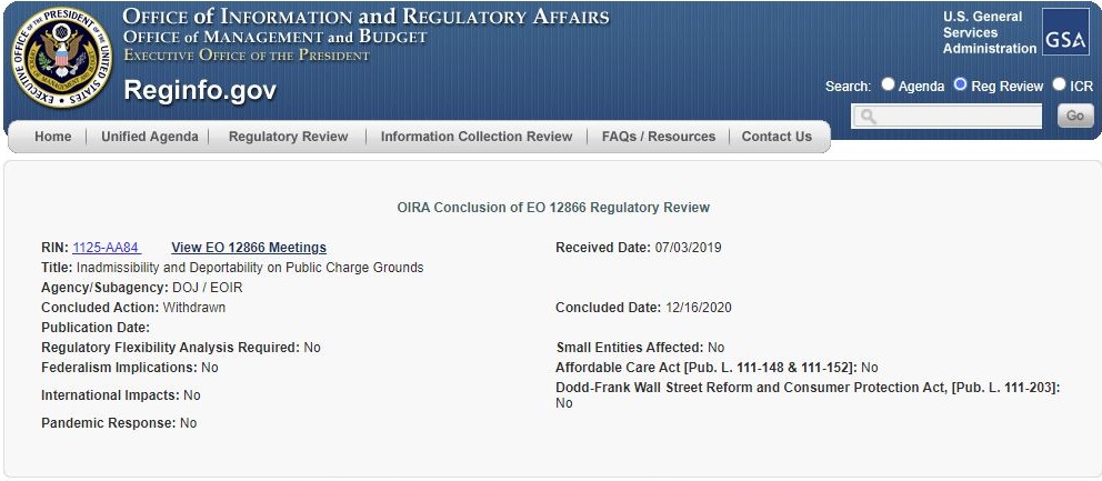 Screenshot of a site on Reginfo.gov