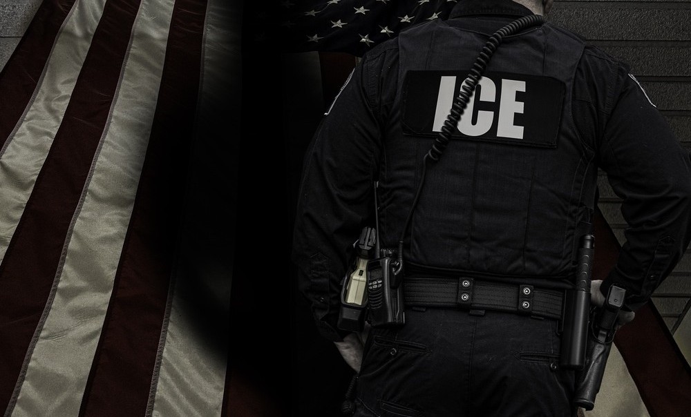 Image montage of an American flag and the back of an armed ICE agent.