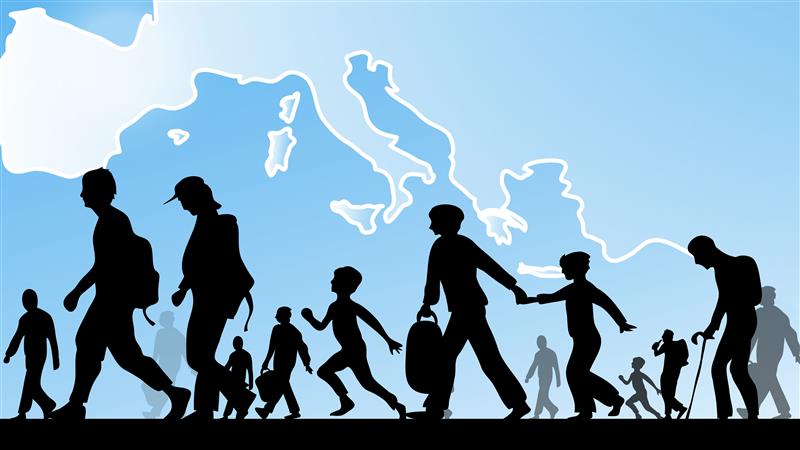 Graphic depicting refugees and a map.