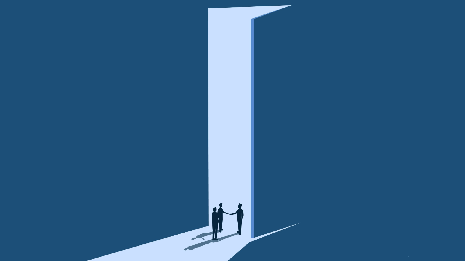 Decorative image showing an open door with people getting ready to shake hands.